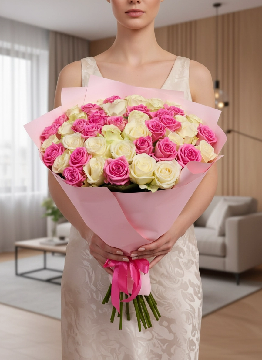 51 Adet Pembe Ve Krem Gül Buketi