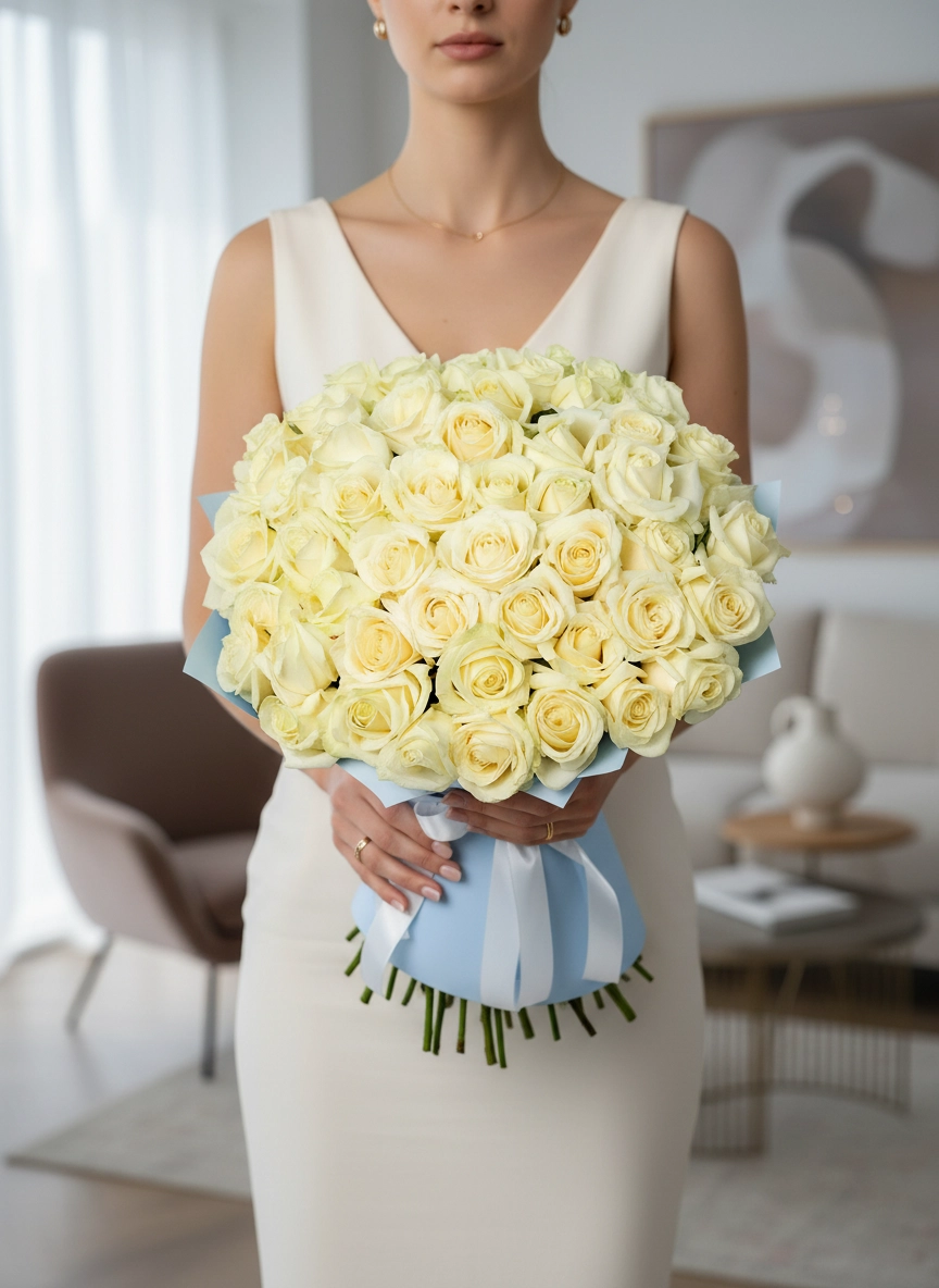 51 Adet Krem Gül Buketi