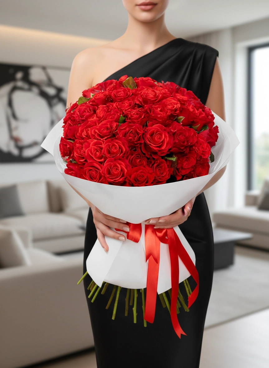 51 Adet Büyük Boy Kırmızı Gül Buketi