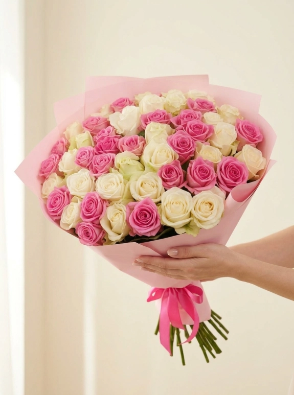 51 Adet Pembe Ve Krem Gül Buketi