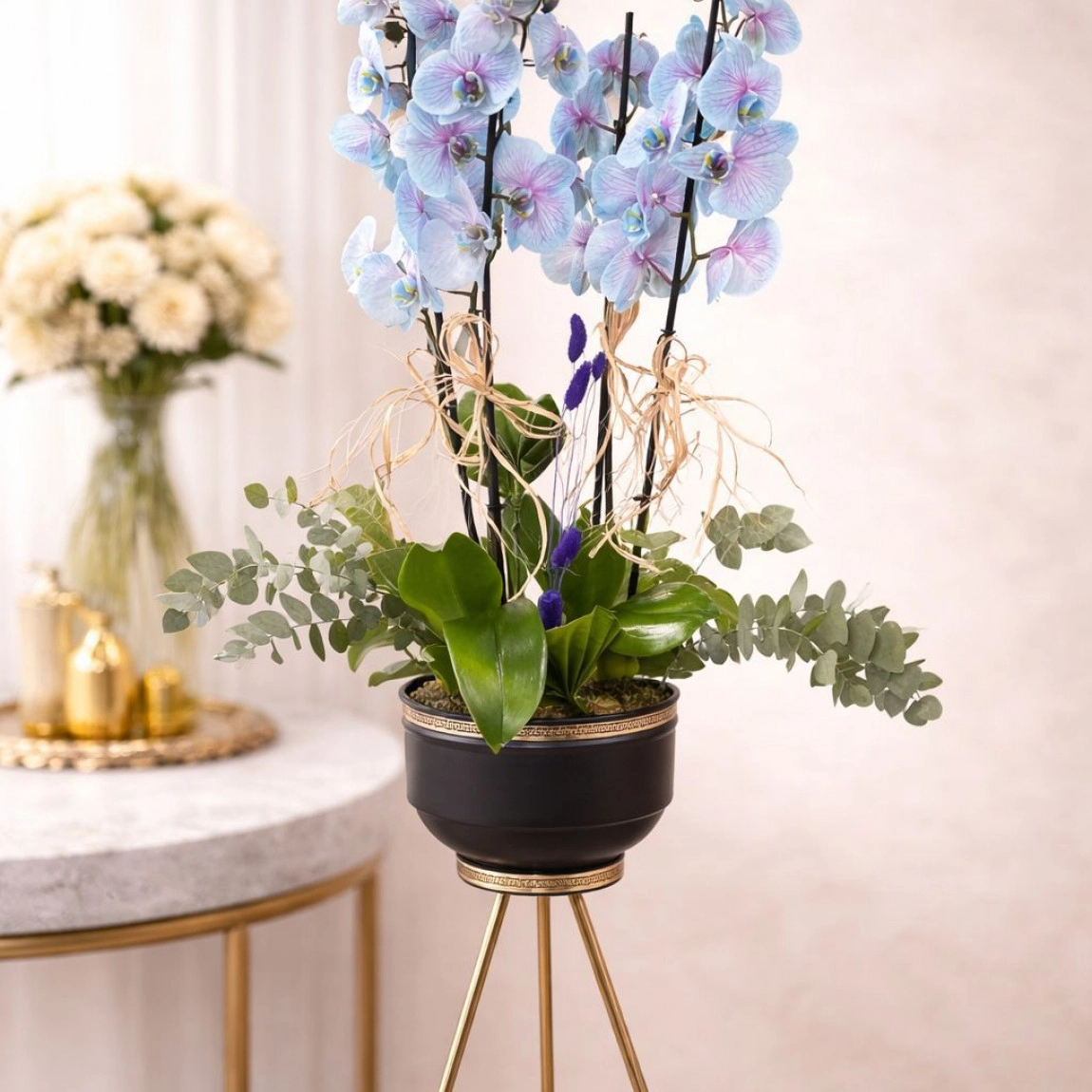 Dört Dal Özel Tasarım Mavi Orkide Aranjmanı