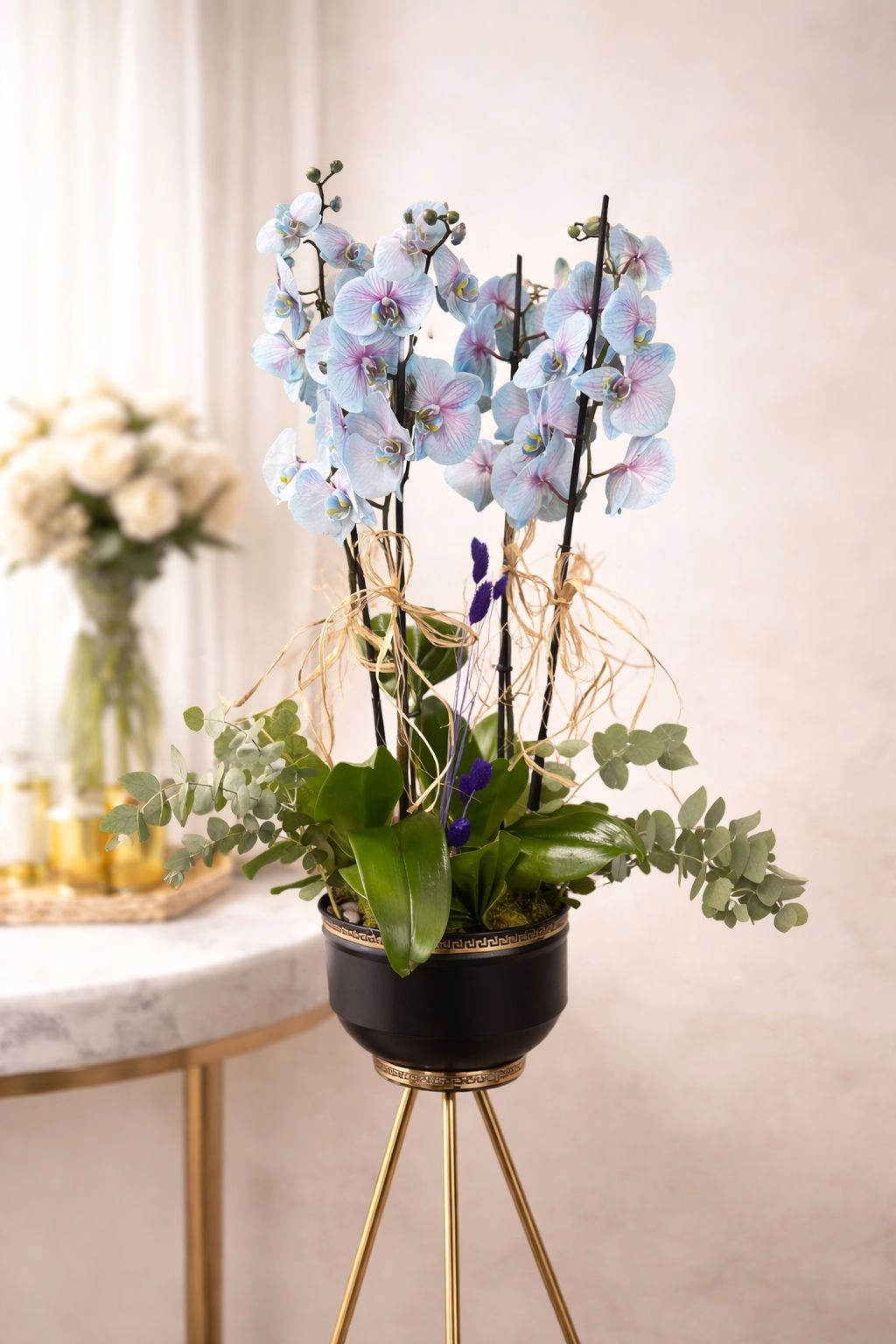 Dört Dal Özel Tasarım Mavi Orkide Aranjmanı